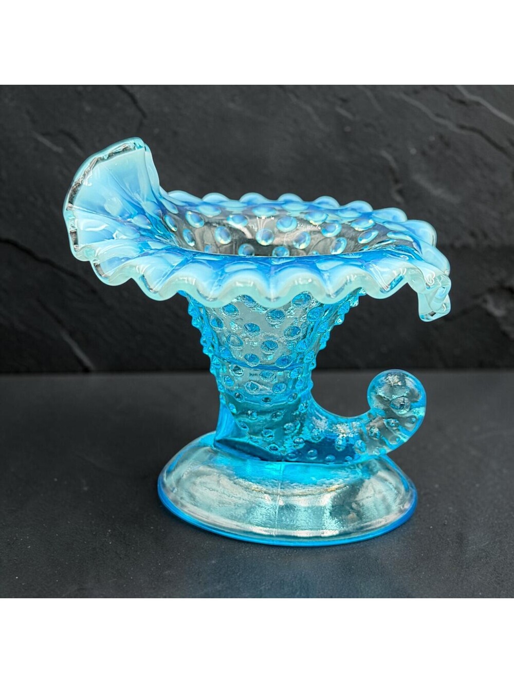 Vintage Fenton Blue Opalescent Hobnail Cornucopia Vase Candleholder 4.5"